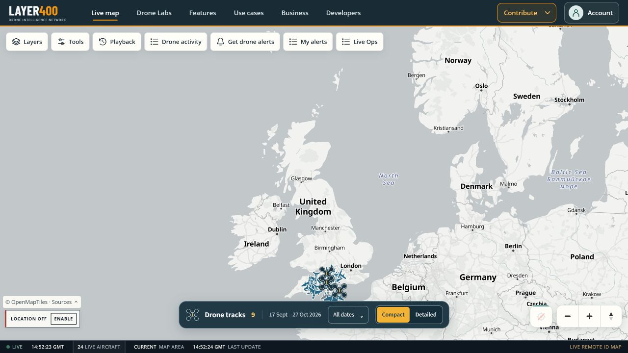 Actual public Layer400 map with layers, playback and received track controls